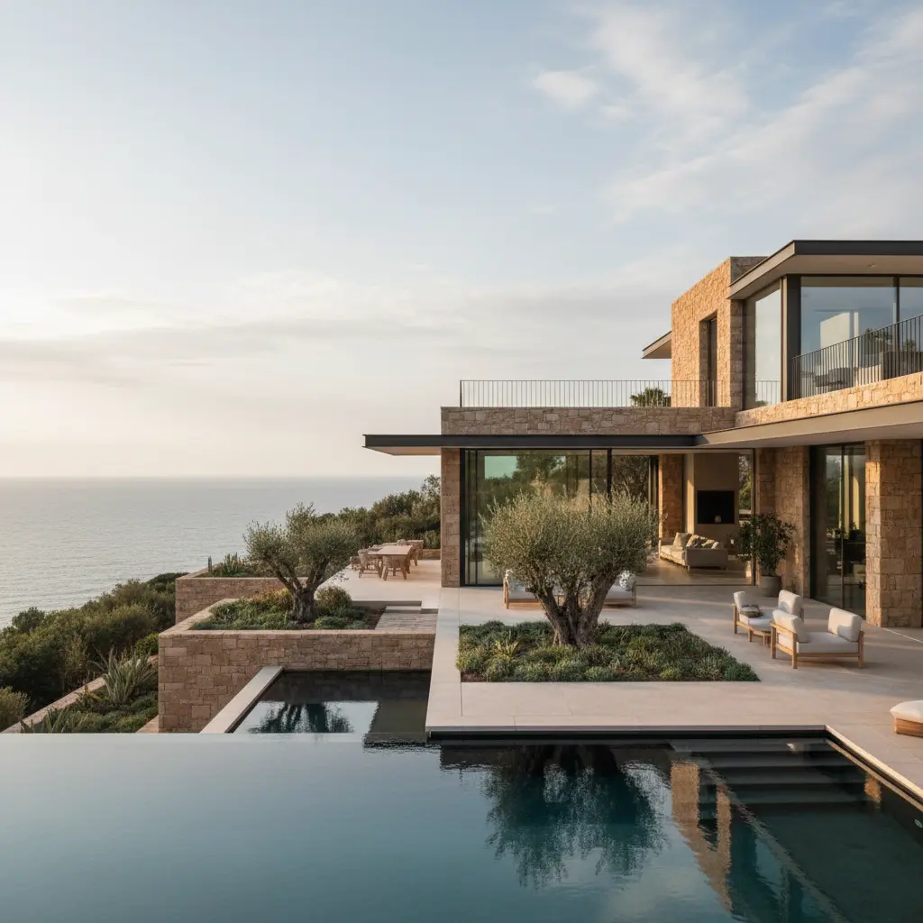 Vista aérea de una vivienda de lujo junto al mar en España